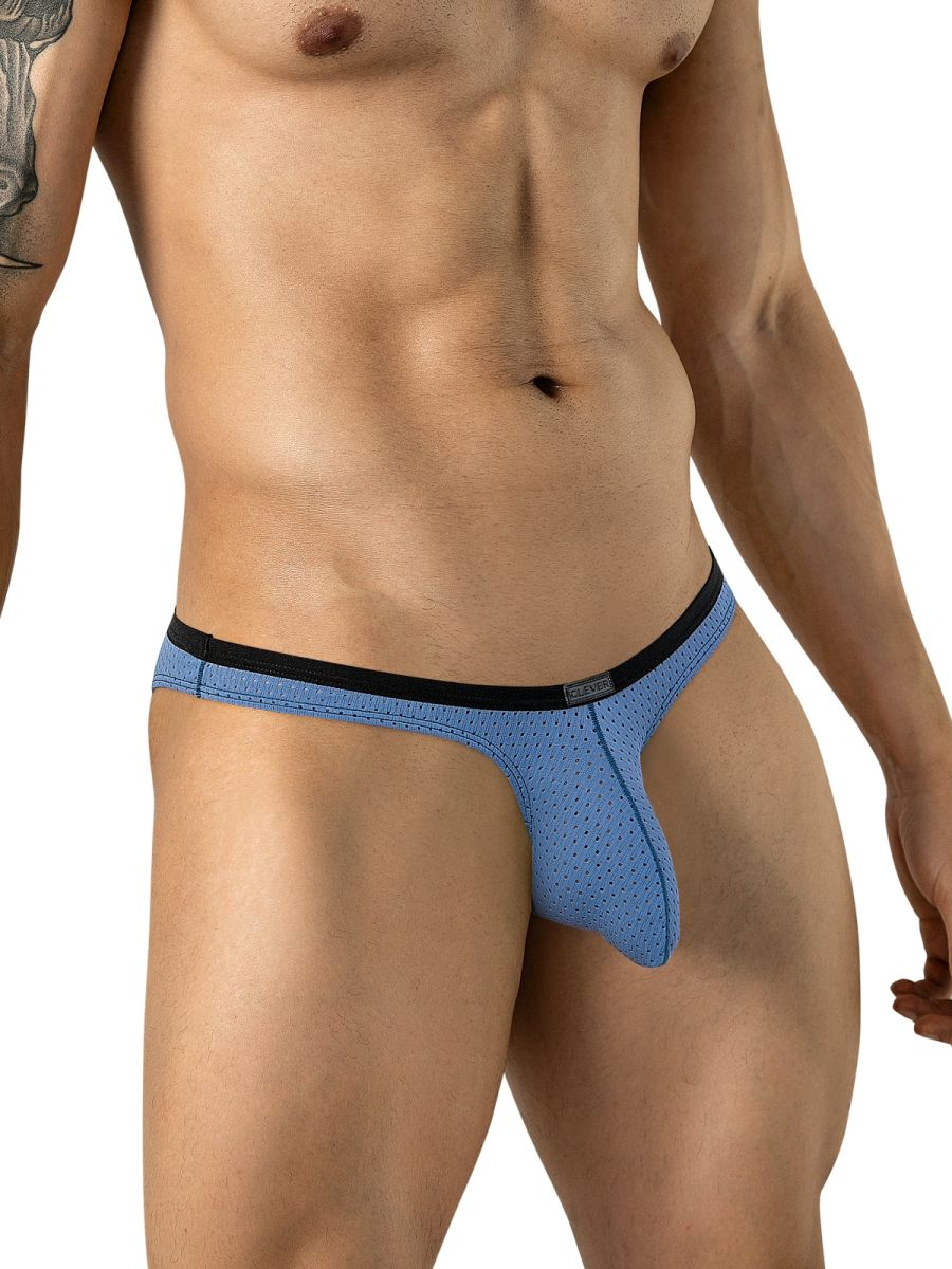 Clever Moda steel blue mesh ergonomic briefs with a black waistband on a model.