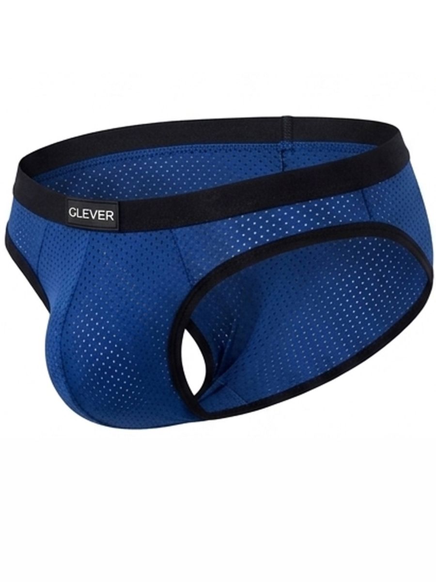 Clever Moda steel blue ergonomic mesh briefs featuring a black waistband with logo patch and black trim.