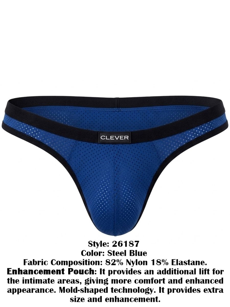 Clever Moda steel blue ergonomic briefs with a black waistband and mesh fabric texture.