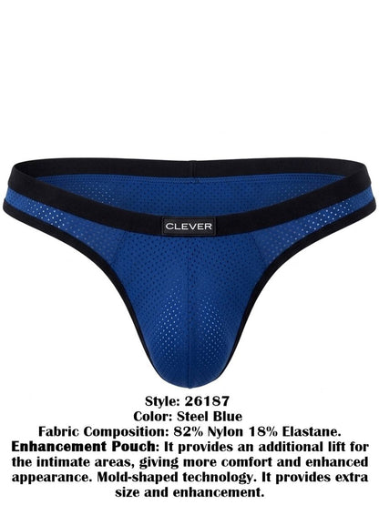 Clever Moda steel blue ergonomic briefs with a black waistband and mesh fabric texture.