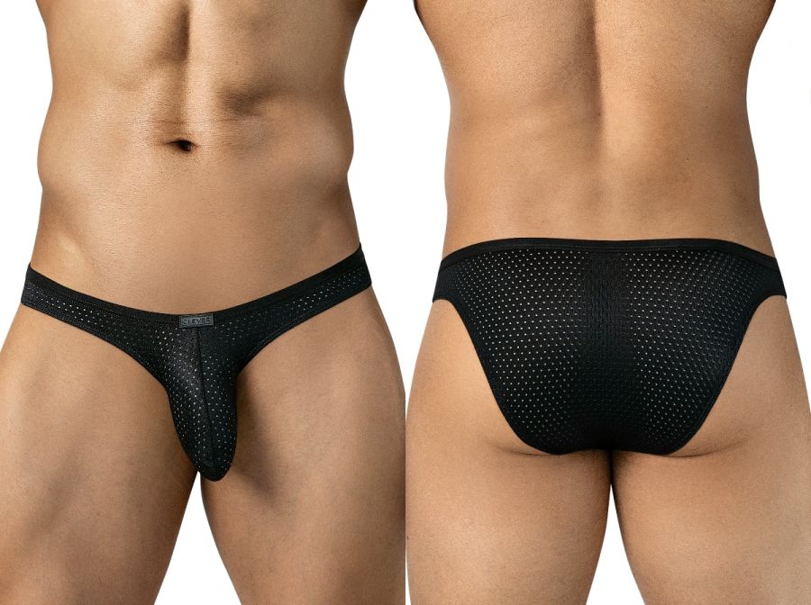Front and back views of a man wearing black mesh briefs with thin sides.