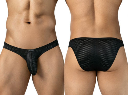 Front and back views of a man wearing black mesh briefs with thin sides.