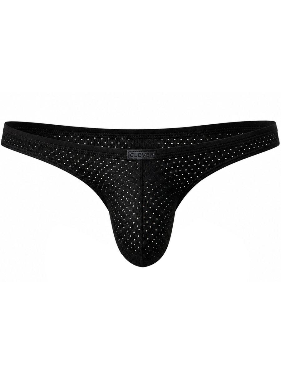Black perforated mesh men's briefs with a thin waistband and small center logo patch.