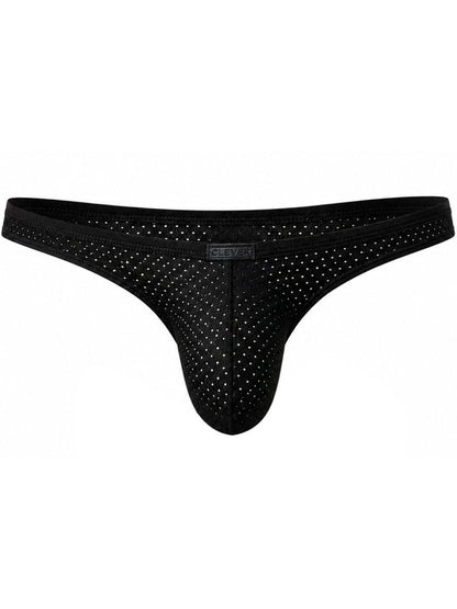 Black perforated mesh men's briefs with a thin waistband and small center logo patch.