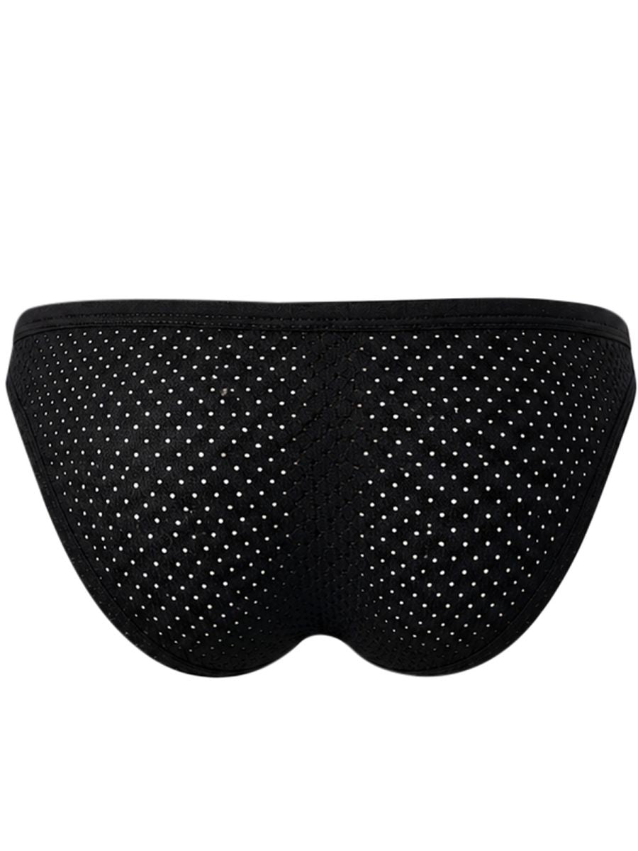 Rear view of black men's mesh briefs with a fine dotted pattern.