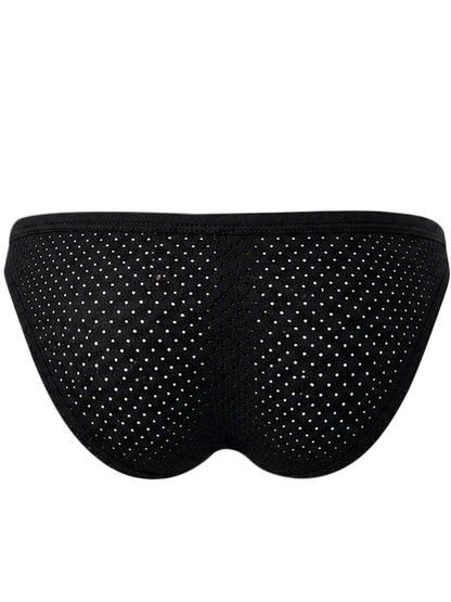 Rear view of black men's mesh briefs with a fine dotted pattern.