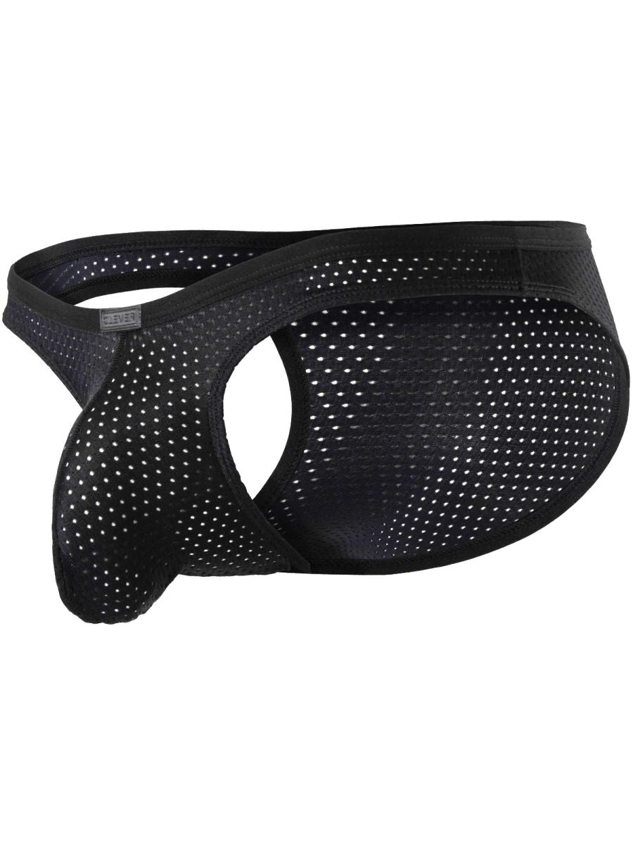 Black mesh men's briefs with a cutout design shown from a side view.