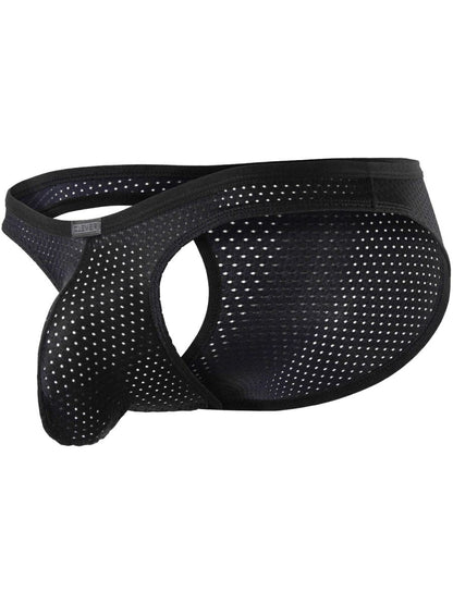 Black mesh men's briefs with a cutout design shown from a side view.