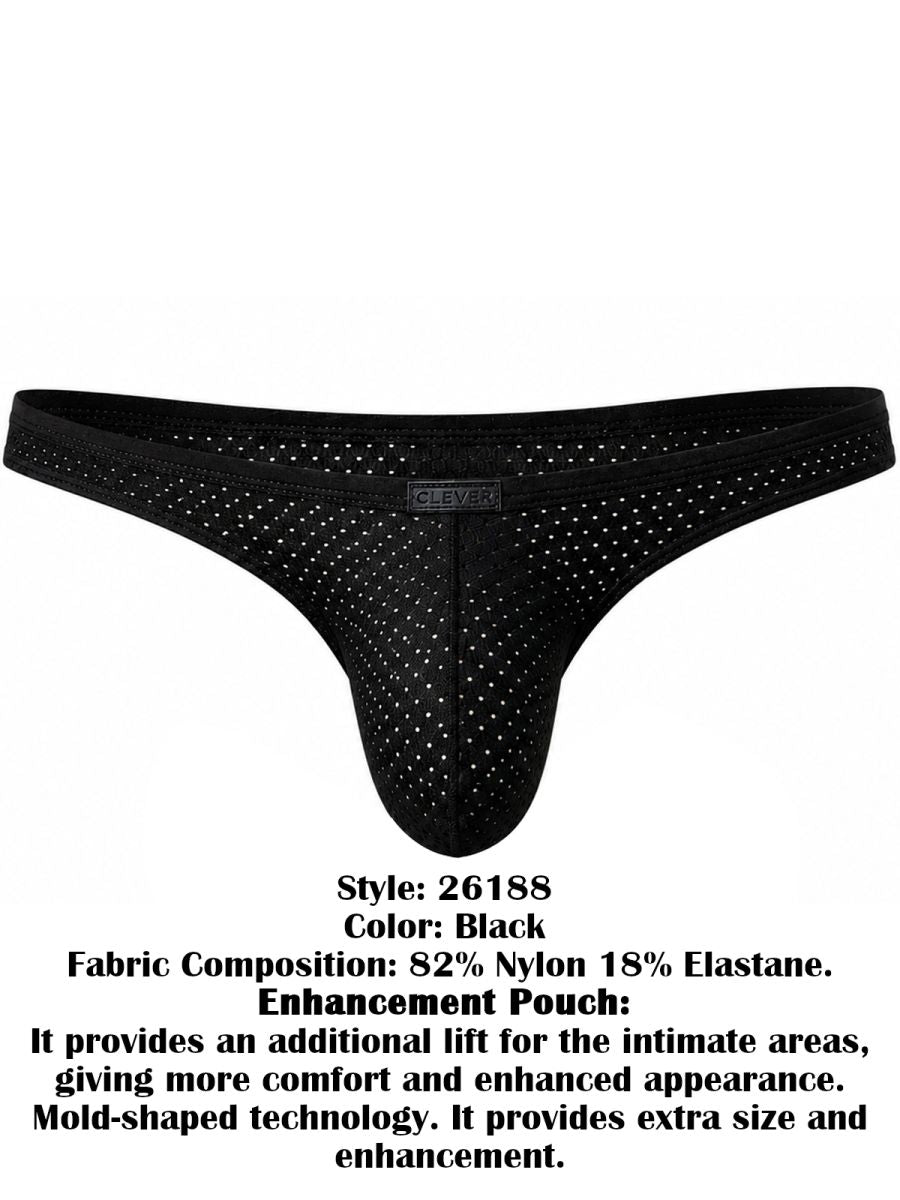 Clever Moda black briefs featuring a micro-perforated mesh pattern and a branded center-front waistband tag.