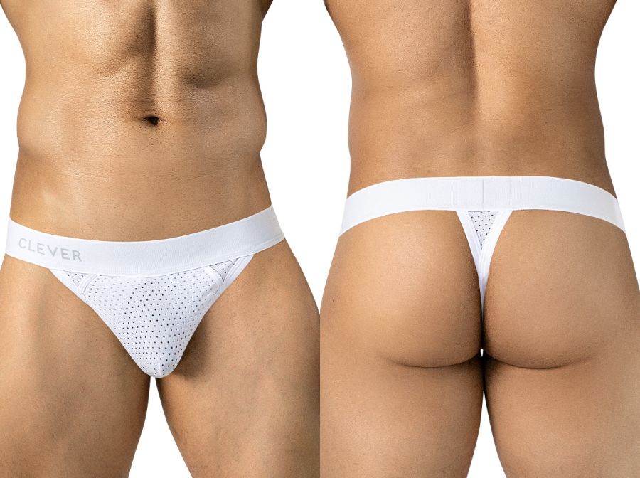 Front and back views of a man wearing white mesh thongs with a wide elastic waistband.
