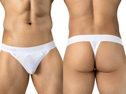 Front and back views of a man wearing white mesh thongs with a wide elastic waistband.