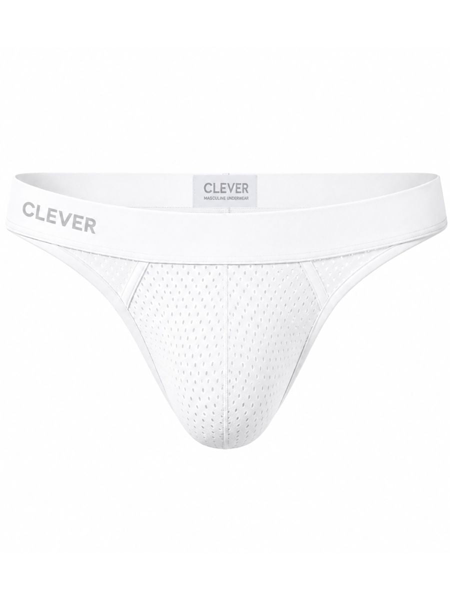 White mesh thong featuring a wide waistband with the Clever logo.