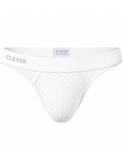 White mesh thong featuring a wide waistband with the Clever logo.