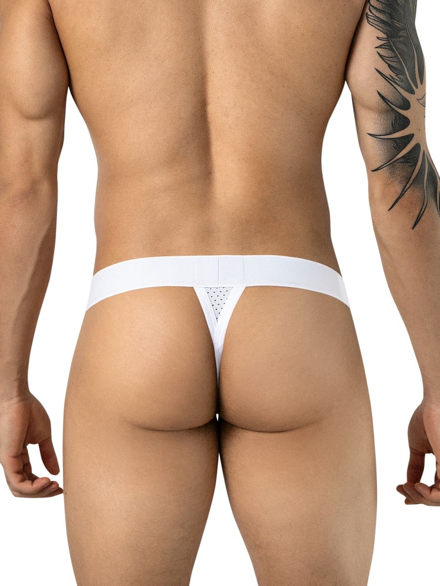 Rear view of a man wearing a white mesh thong with a thick waistband.