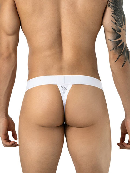 Rear view of a man wearing a white mesh thong with a thick waistband.