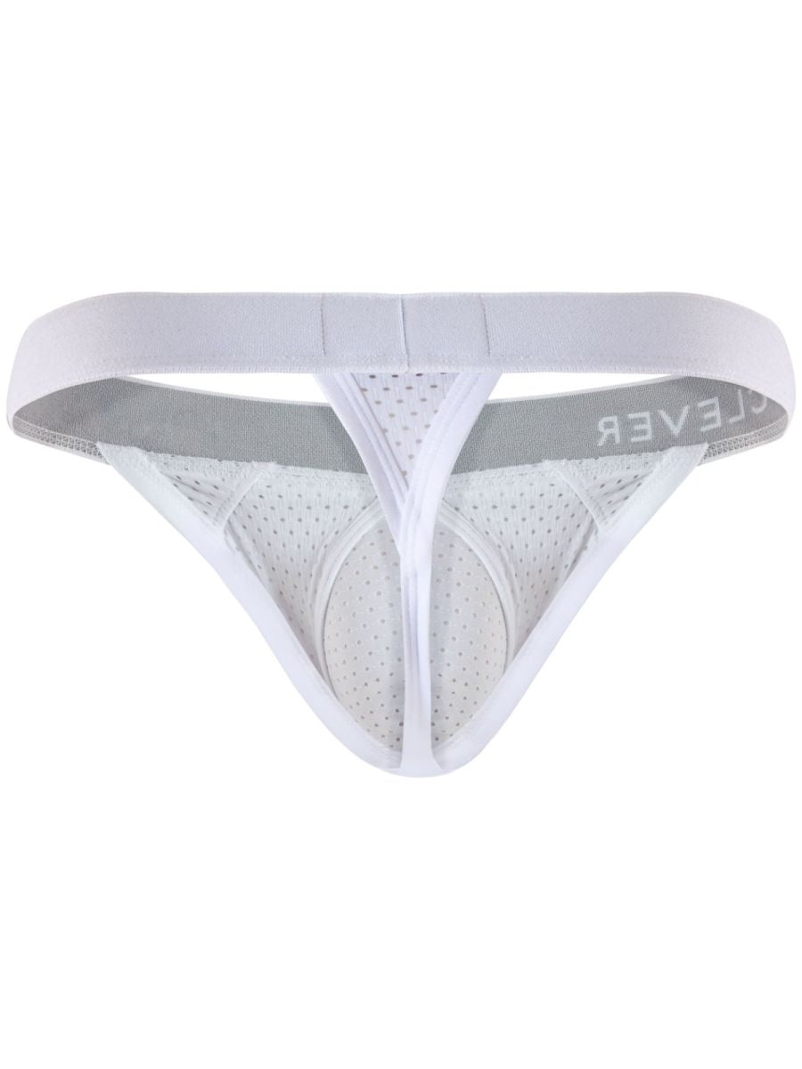 White mesh men's thong underwear with a wide elastic waistband and supportive contour pouch.