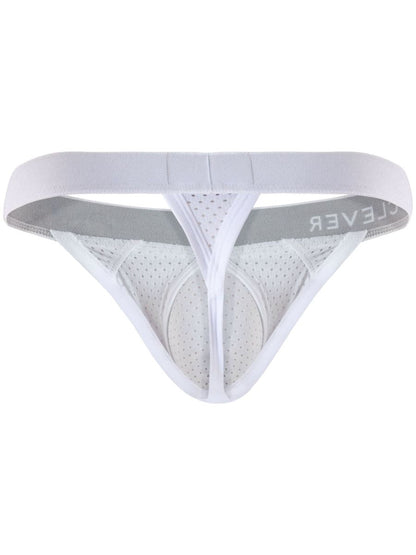 White mesh men's thong underwear with a wide elastic waistband and supportive contour pouch.