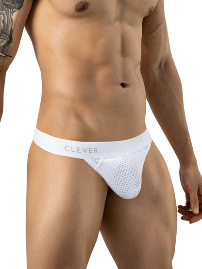 A man models white mesh thong underwear featuring a branded elastic waistband with the word CLEVER.