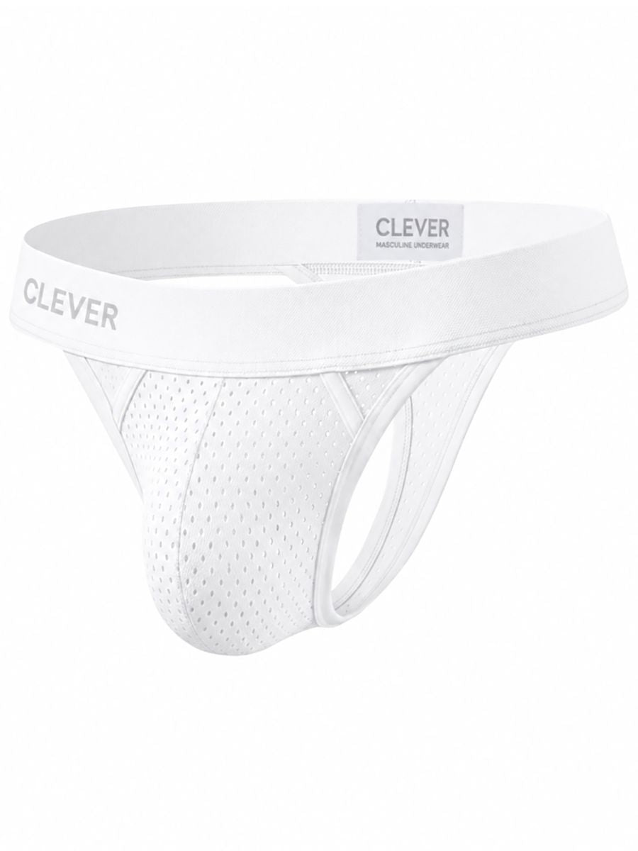 White mesh men's thong underwear with a wide branded waistband, shown on a white background.