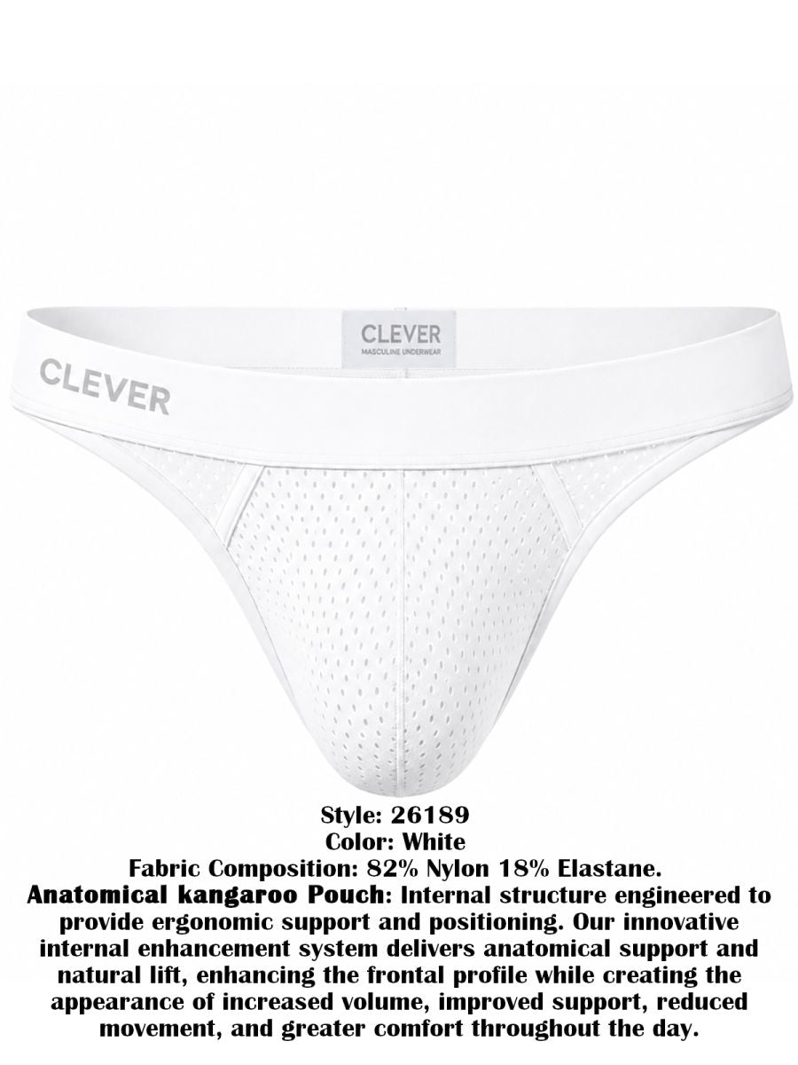 White mesh thong for men with a branded elastic waistband, shown from the front.