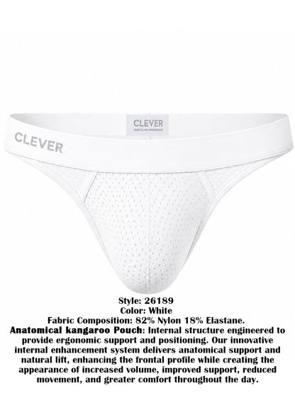 White mesh thong for men with a branded elastic waistband, shown from the front.