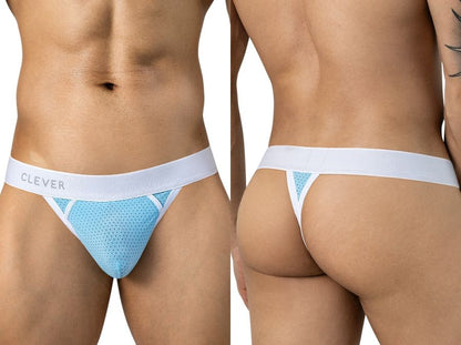 Light blue mesh ergonomic thong for men with a wide white waistband, shown from front and back views.