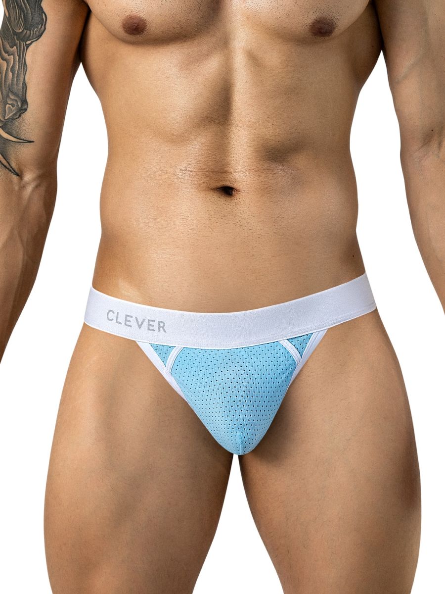 Light blue mesh thong with white trim and a wide elastic waistband on a model.