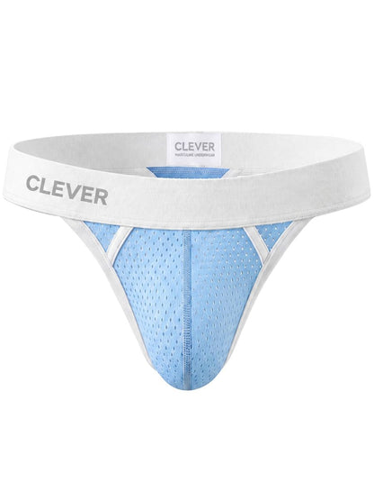 Light blue mesh ergonomic thong with a thick white waistband and the word Clever printed on it.