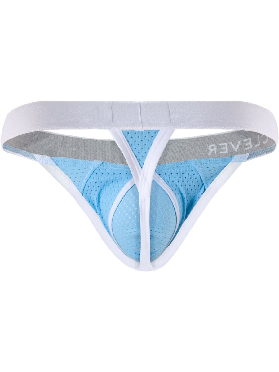 Light blue mesh ergonomic thong underwear with a wide white waistband and trim.