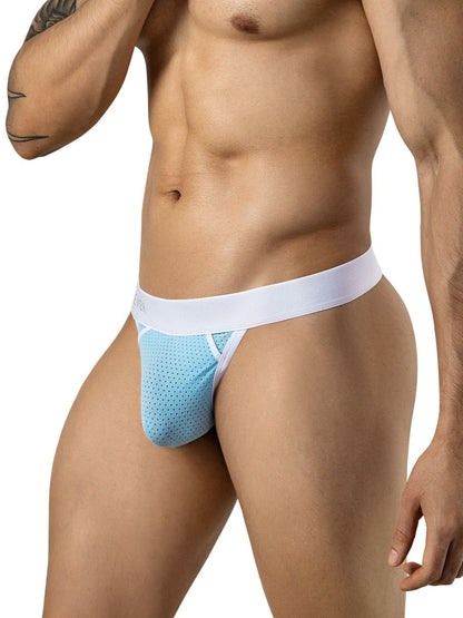 Light blue mesh thong with a white elastic waistband and trim on a man.