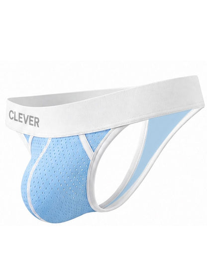 Light blue mesh ergonomic thong with a white wide waistband and trim, viewed from the side.