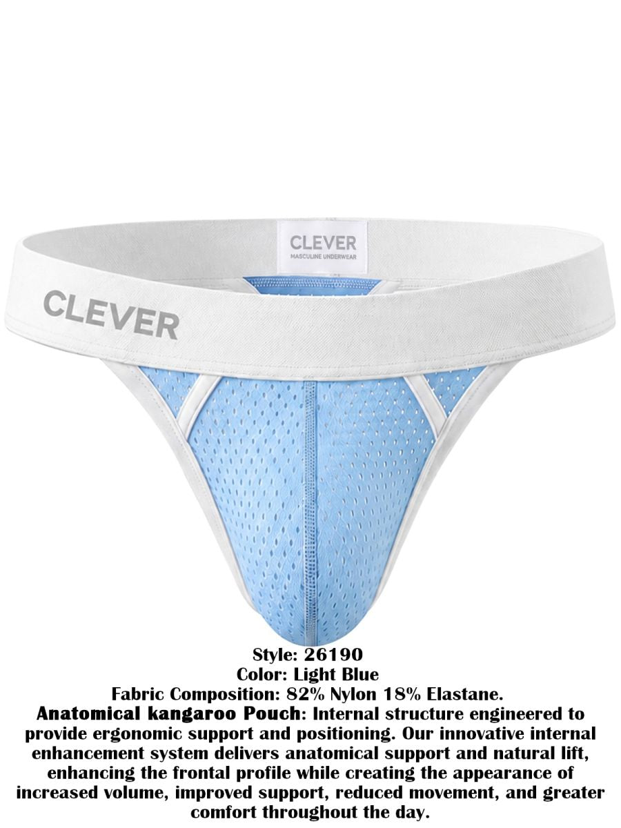 Light blue mesh ergonomic thong featuring a wide white waistband with the Clever logo.