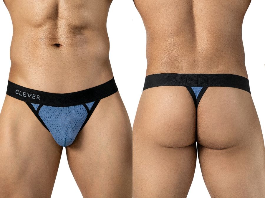 Front and back views of a man wearing steel blue mesh thongs with a black waistband.