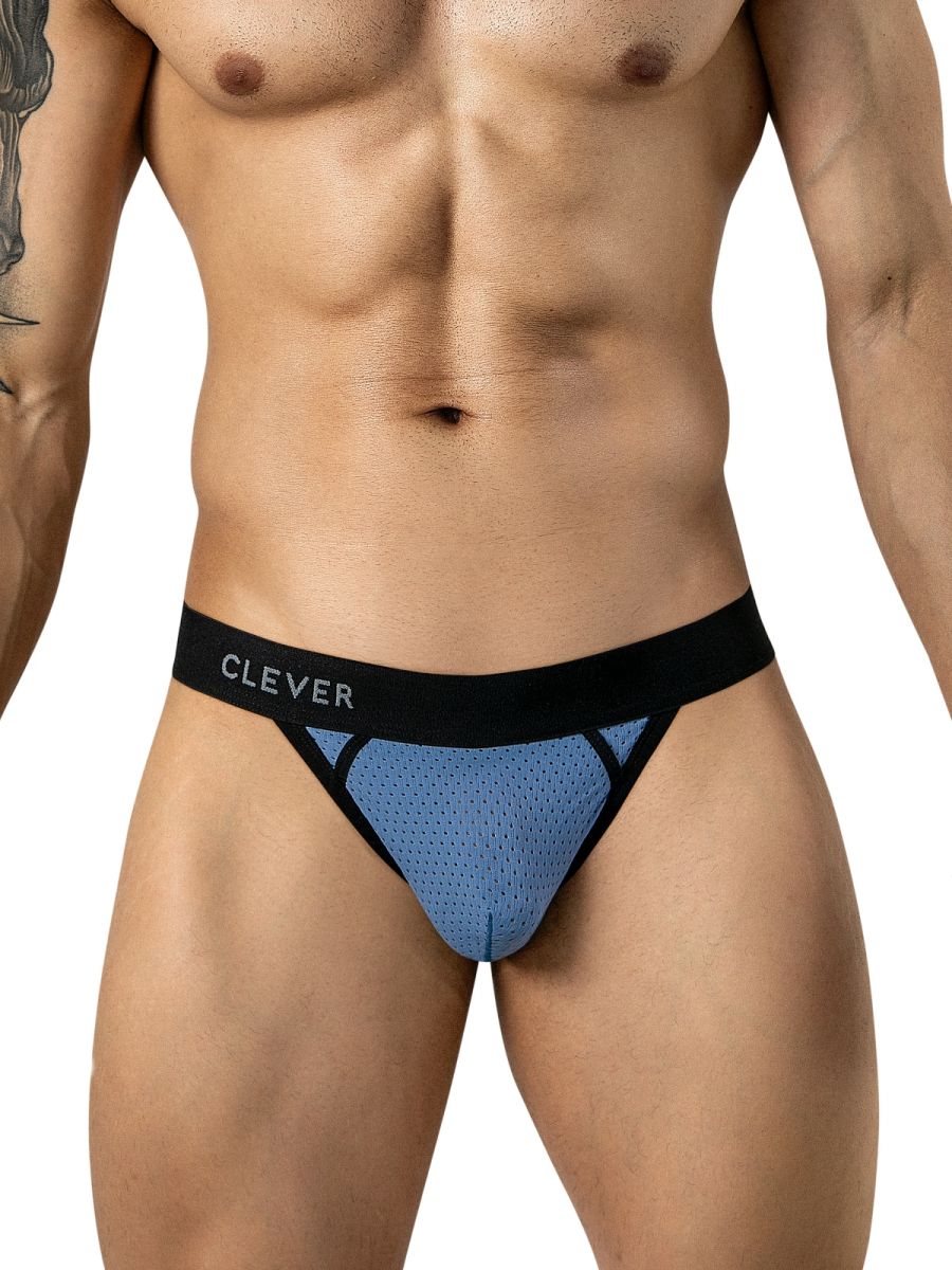 A male model wearing steel blue mesh thongs with a black waistband reading CLEVER.