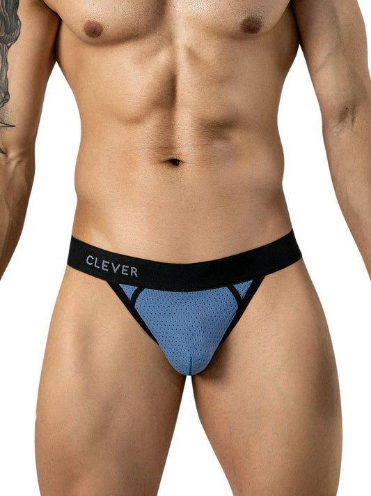 A male model wearing steel blue mesh thongs with a black waistband reading CLEVER.