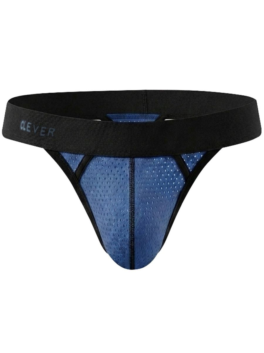Steel blue mesh thong featuring a wide black waistband and black trim.