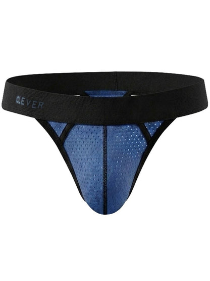 Steel blue mesh thong featuring a wide black waistband and black trim.