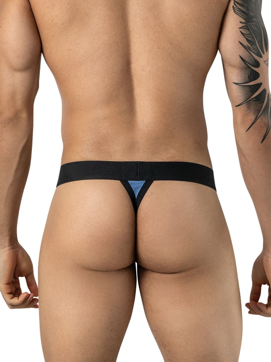 Rear view of a man wearing steel blue thong underwear with a wide black waistband.