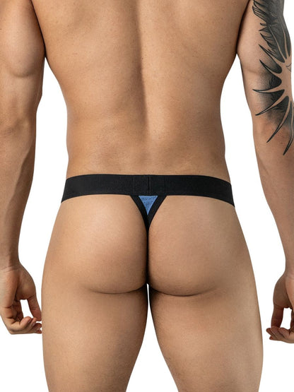 Rear view of a man wearing steel blue thong underwear with a wide black waistband.