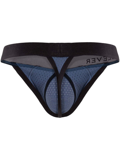 Clever Moda steel blue thong underwear featuring perforated mesh fabric and a wide black waistband.