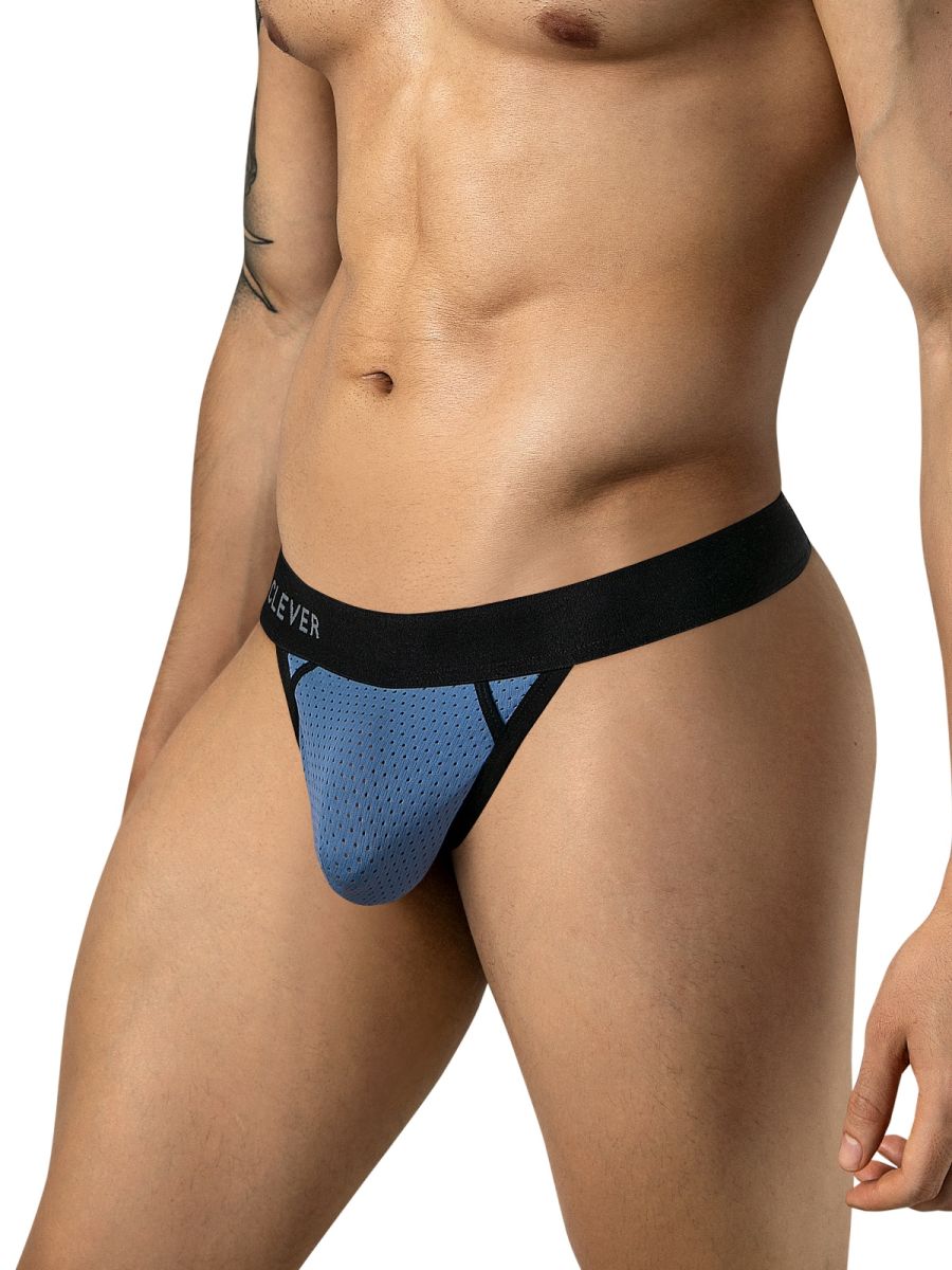 Steel blue mesh thong with a black waistband on a male model.