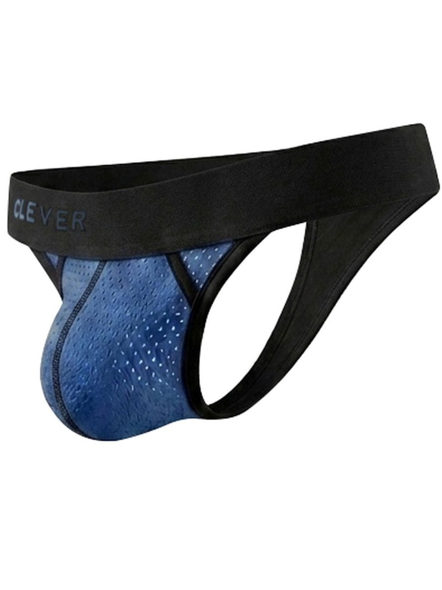 Clever Moda steel blue thong with perforated texture, contour pouch, and black waistband.