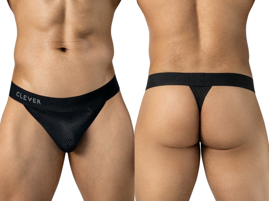 Front and back views of a man wearing black mesh thong underwear with a wide waistband.