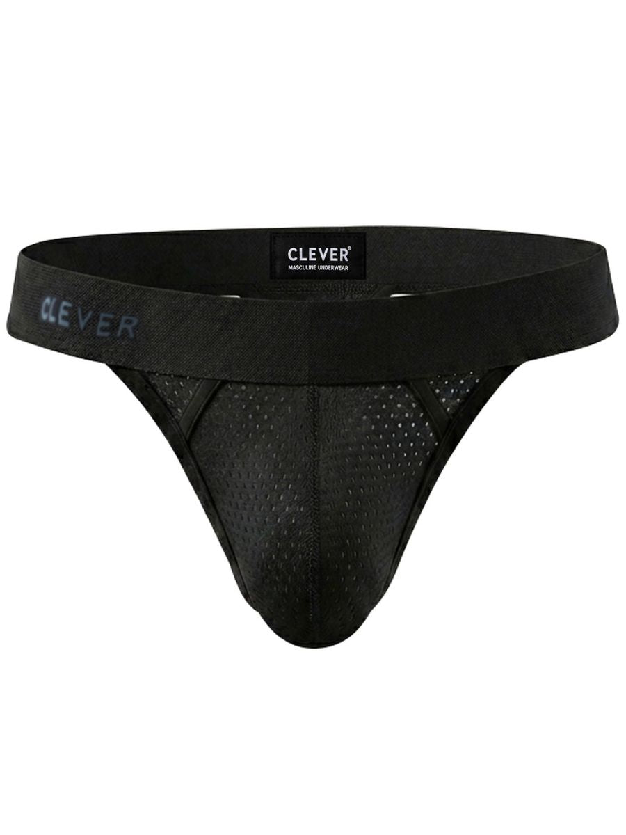 Black mesh thong with a wide elastic waistband and the brand name printed on the side.
