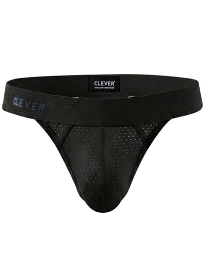 Black mesh thong with a wide elastic waistband and the brand name printed on the side.