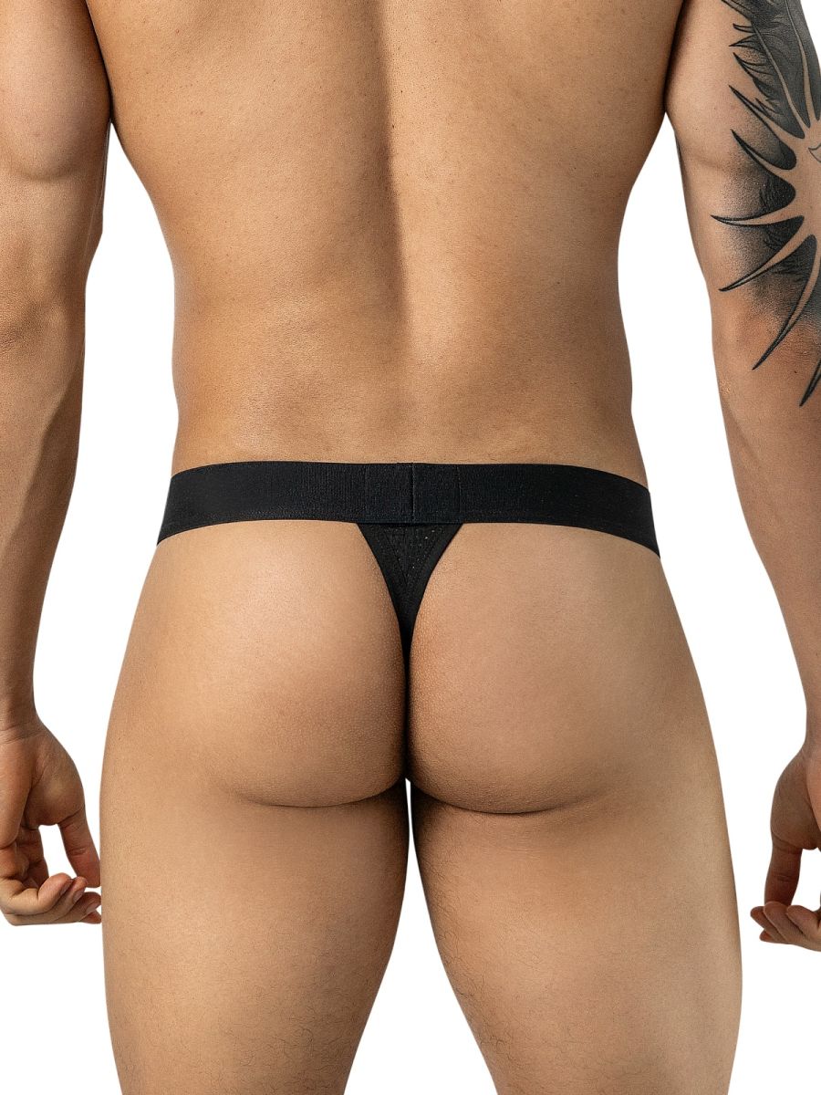 Rear view of a man wearing black thong underwear with a wide waistband.