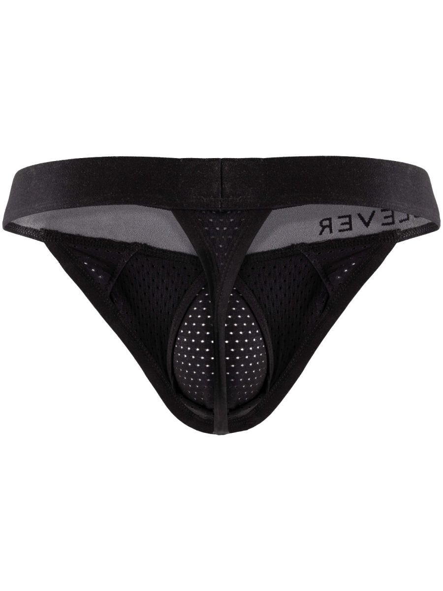 Black Clever Moda men's thong underwear with a wide waistband and perforated mesh pouch.