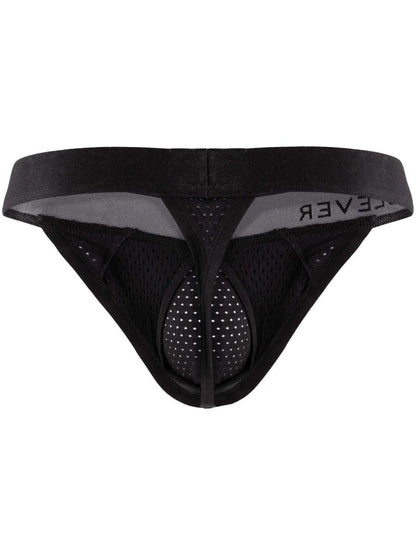 Black Clever Moda men's thong underwear with a wide waistband and perforated mesh pouch.