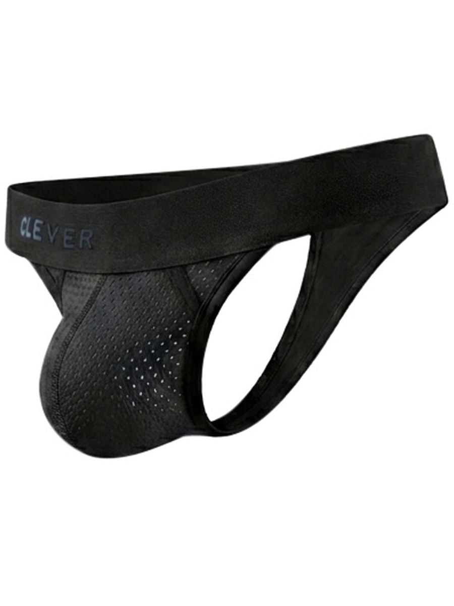 Black men's mesh thong with a contoured pouch and wide branded waistband.
