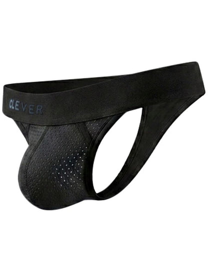 Black men's mesh thong with a contoured pouch and wide branded waistband.